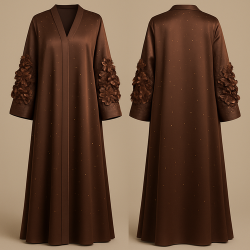 The Rich Satin-Bloom Abaya
Tone: Chocolate Brown Design: Mixed satin flowers on sleeves + scattered golden stones.