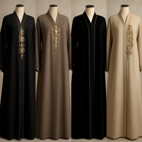 Create me modest abaya that's first in the world, using unique stone design, classy and sophisticated. Keep me 4 designs. Make them rich by adding unique chic stone high end designs and . Showcasing different styles and fabric.