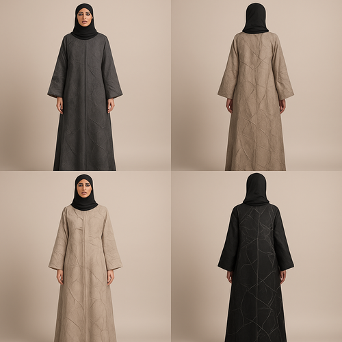 Create a modest abaya that's the first of its kind, featuring a unique stone design that exudes a classy and sophisticated vibe. I'd like four designs, each showcasing different styles and fabrics.
Incorporate high-end, unique chic stone designs to make them truly special. Add a little sophisticated stone work to it.