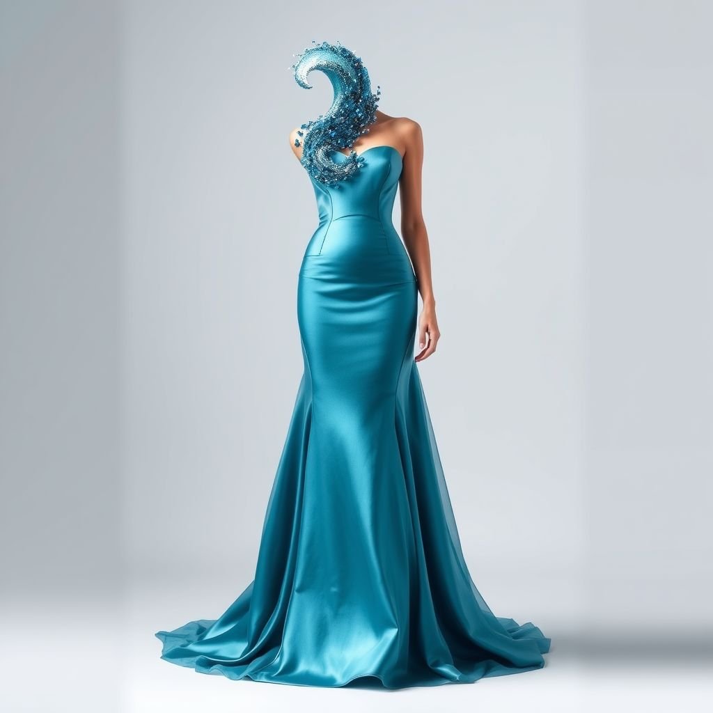 A beautiful gown that’s simple, flowing, elegant with a stunning structural art piece resembling a wave running from the shoulder to the bottom of the dress. Teal shiny blue fabric with all colors of blue crystal stones on the structured part. Make it more fitted and structured in the skirt part. Show the full front of the dress with the full details. Make it look unusually stunning. Not like any dress out there. Make the skirt flowing with layers of lightweight chiffon and not form fitting
Design an extraordinary haute couture gown that features a simple yet captivating silhouette. The flowing design, crafted from luxurious teal blue satin, is accentuated by a breathtaking structural wave art piece that gracefully cascades from the shoulder to the hemline. This exquisite creation is adorned with an array of sparkling blue crystals, adding a unique depth. The fitted bodice transitions into an ethereal skirt, layered with lightweight chiffon, creating movement and elegance. Elevate the visual impact with intricate embroidery and subtle transparency, reflecting a blend of modern artistry and timeless allure. Showcase the dress's full front, emphasizing its extraordinary beauty.