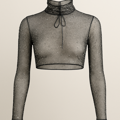 Design a long sleeve super crop top that comes above the bust and ties on the neck
Polo neck
Net material with rhinestones