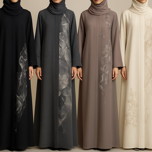 Create a modest chic abaya, the first of its kind, featuring a unique stone design that exudes a classy and sophisticated vibe. I'd like four designs, each showcasing different styles and fabrics. Incorporate high-end, unique chic stone designs to make them truly special. Add little sophisticated stone designsa and some touch of elite flower design.