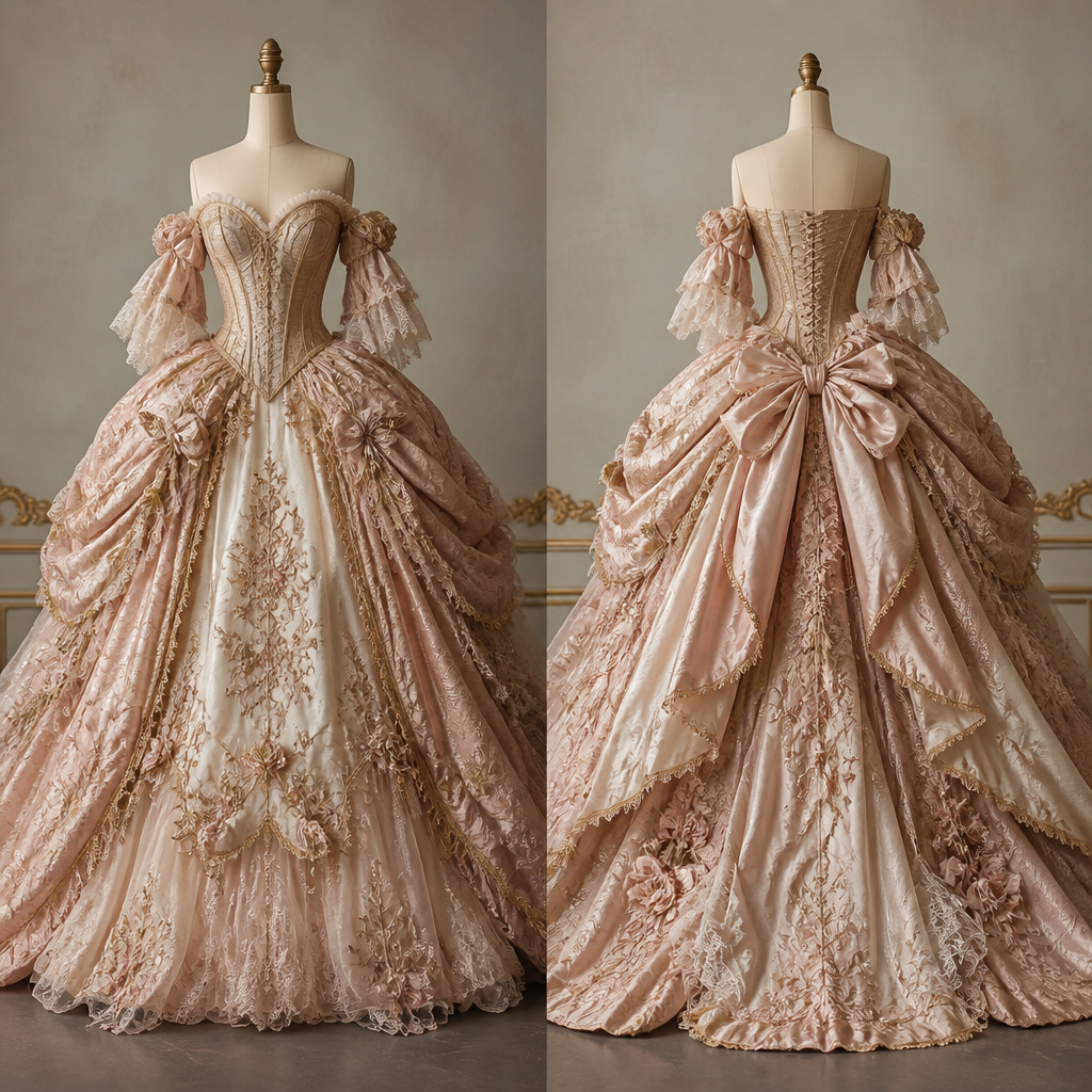 ball room gown with unique designs and corset top
photorealistic fashion design, ball room gown with unique designs and corset top, rococo style, just the design no text, show front and back