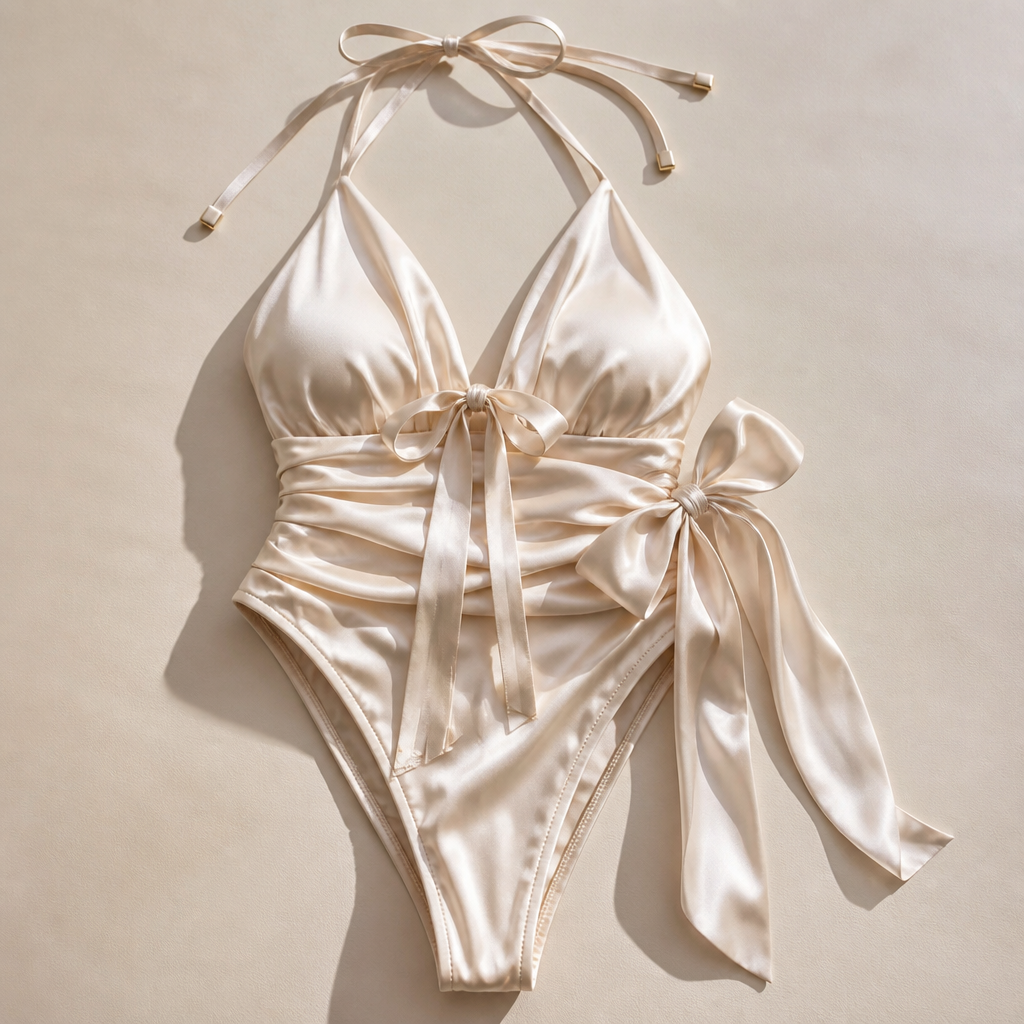 A Female Swimwear design, made of Silk, for Beach, suitable for Spring, in Elegant style. add some bows aesthetic. India fashion aesthetics.
photorealistic fashion design, A Female Swimwear design, made of Silk, for Beach, suitable for Spring, in Elegant style. add some bows aesthetic. India fashion aesthetics., elegant style, just the design no text