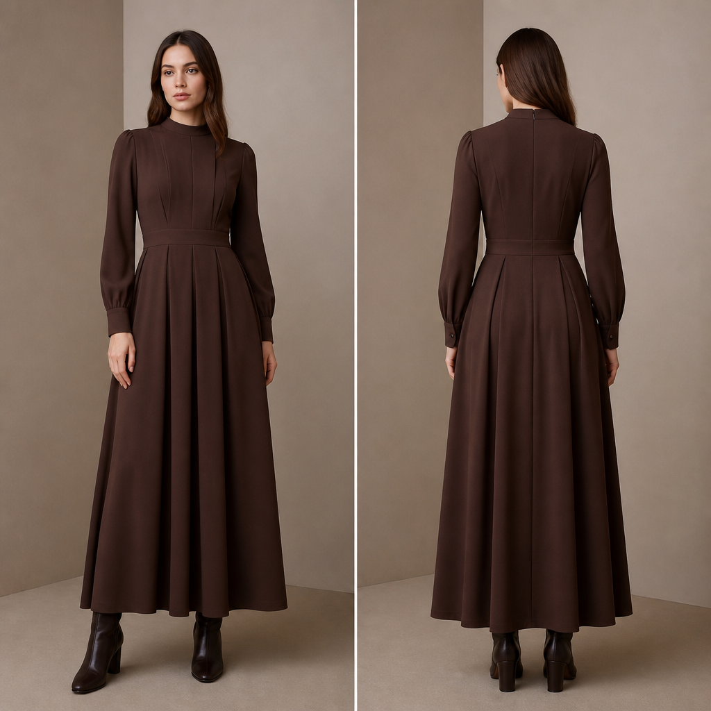 A Female Dress design, with modest, full coverage: longer hemlines, higher necklines and covered shoulders, suitable for Fall. IQ fashion aesthetics. Present it as professional fashion catalogue photography: the garment is the subject, shown full-length with editorial styling, neutral posing and tasteful, non-suggestive framing.
photorealistic fashion design, A Female Dress design, with modest, full coverage: longer hemlines, higher necklines and covered shoulders, suitable for Fall. IQ fashion aesthetics. Present it as professional fashion catalogue photography: the garment is the subject, shown full-length with editorial styling, neutral posing and tasteful, non-suggestive framing., just the design no text, show front and back