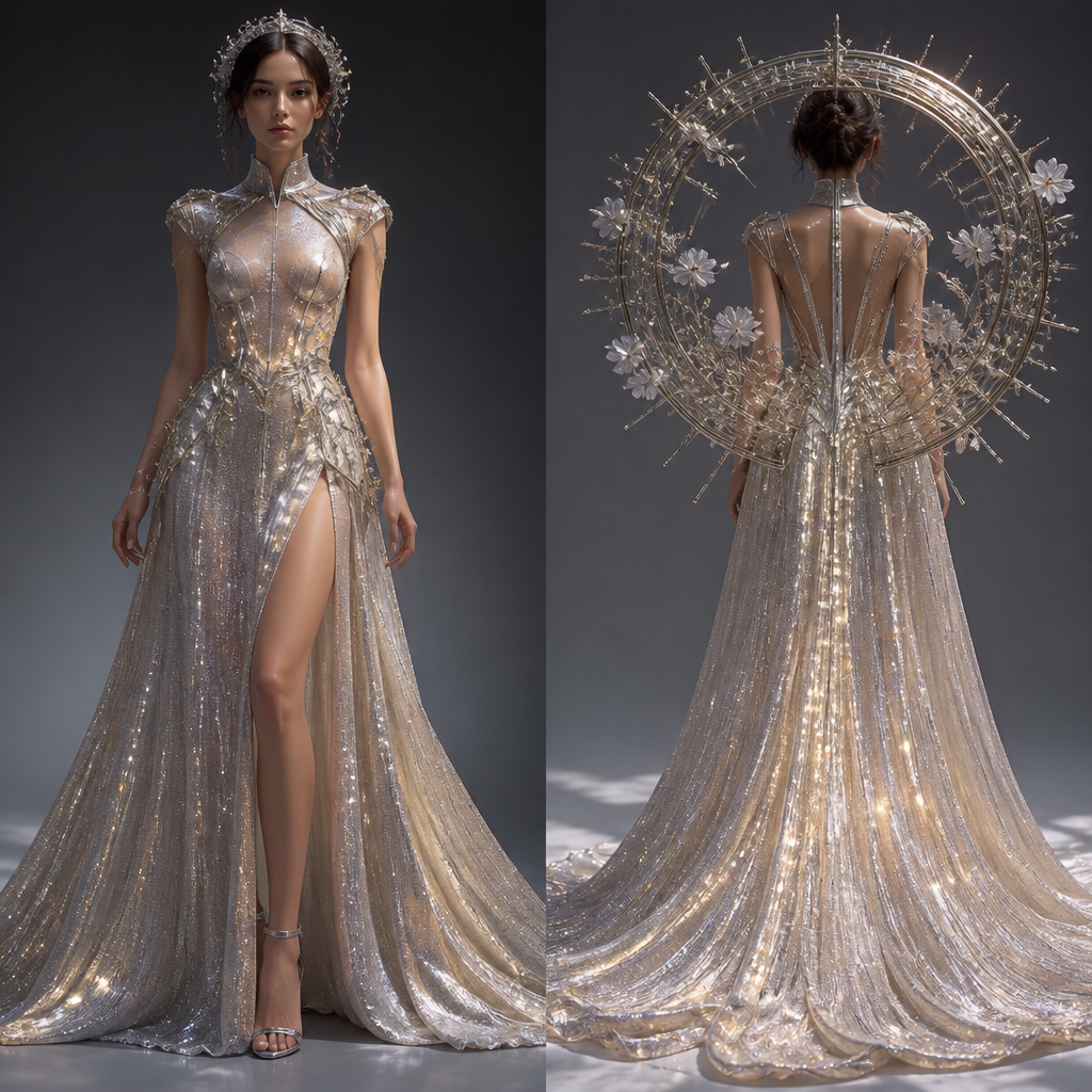 Create a futuristic gown infused with light glitters . And make the back a circular shape with metals and flowers
photorealistic fashion design, Create a futuristic gown infused with light glitters . And make the back a circular shape with metals and flowers , metal style, just the design no text, show front and back
