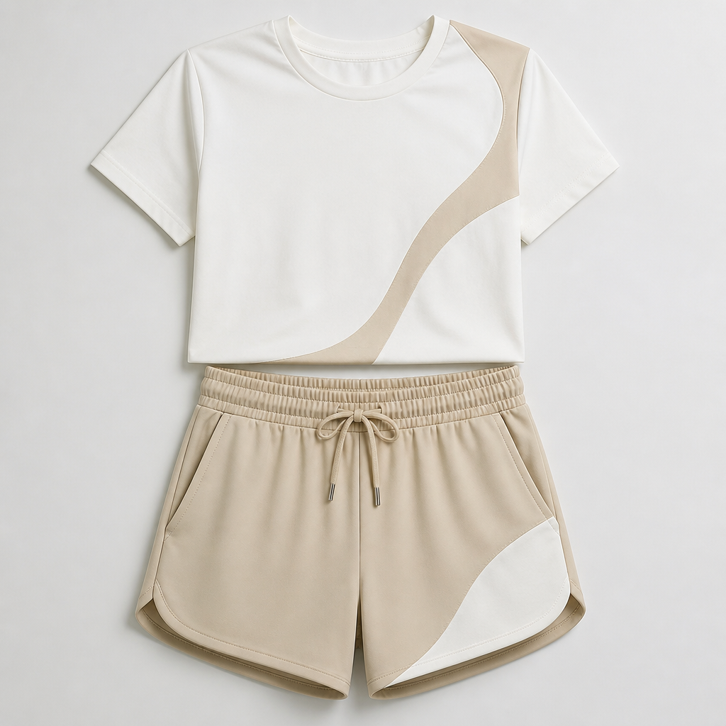 Create an outfit for women consisting of a T-shirt and shorts, with the word "zomer" (summer) on the upper right side of the shirt and "zomer" on the lower right side of the shorts.
photorealistic fashion design, Create an outfit for women consisting of a T-shirt and shorts, with the word "zomer" (summer) on the upper right side of the shirt and "zomer" on the lower right side of the shorts., just the design no text