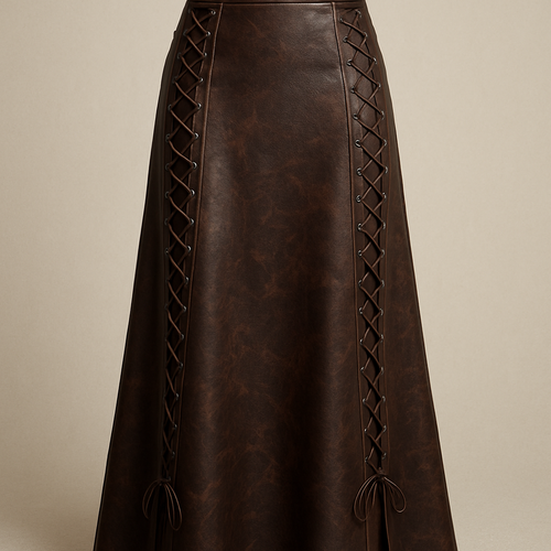 Leather full length maxi skirt dark brown colour with slight marble design
Criss cross laces up each side
