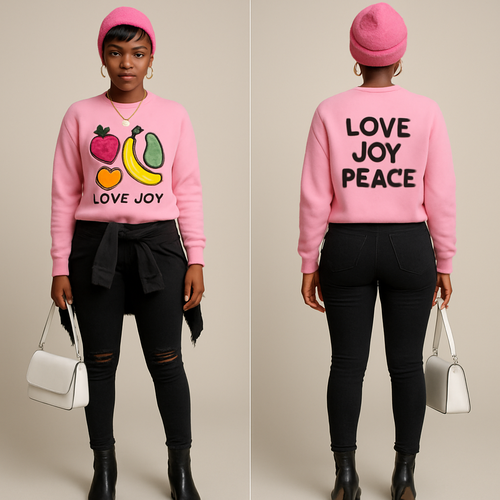 Black woman 
Pixie cut 
Pink beanie 
Pink sweater shirt with healthy fruit on it
On that back it says love joy peace 
Tight Black ripped jeans a jacket wrapped around the waist 
Gold jewelry 

Black heel boots 
White purse 