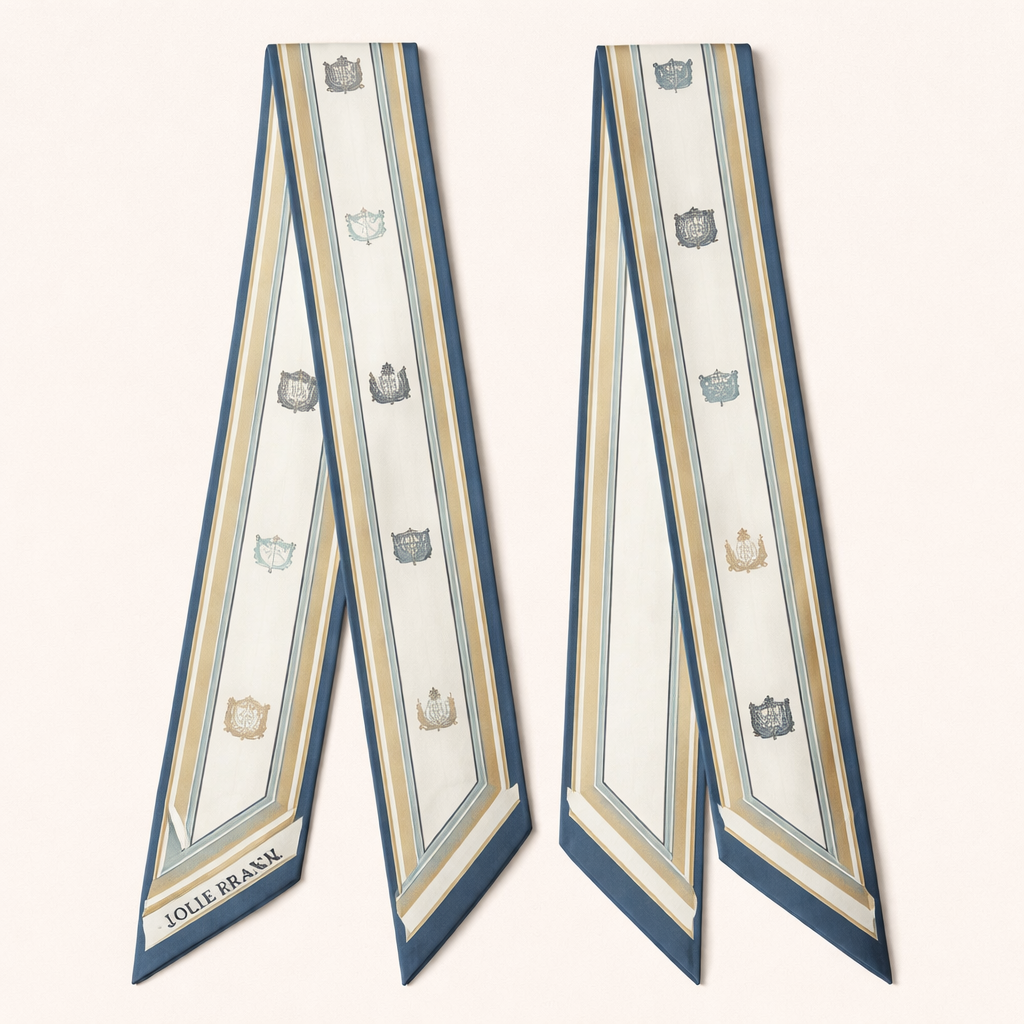 Design a 5cm x 86cm silk twill scarf for Jolie Franc, a classic luxury brand with American preppy and British influences. Feature a refined stripe pattern with small, understated crest-inspired motifs spaced evenly along the length. Use a spring/summer palette of ivory, soft navy, butter yellow, and light eucalyptus green. Keep the motifs minimal and architectural, not decorative. Add a thin structured border and hand-rolled edges. Elegant, fresh, and tailored for Kelly-style bag handles and warm-weather evenings.
Design a 5cm x 86cm silk twill scarf for Jolie Franc, a classic luxury brand with American preppy and British influences. Feature a refined stripe pattern with small, understated crest-inspired motifs spaced evenly along the length. Use a spring/summer palette of ivory, soft navy, butter yellow, and light eucalyptus green. Keep the motifs minimal and architectural, not decorative. Add a thin structured border and hand-rolled edges. Elegant, fresh, and tailored for Kelly-style bag handles and warm-weather evenings., classic style, show front and back