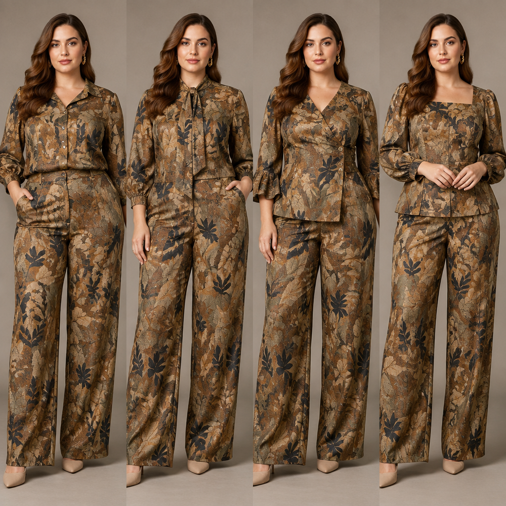 A Female Dress design, suitable for Fall. Use the uploaded fabric image as the exact fabric reference. Generate multiple women’s coordinated two-piece outfits, each including a blouse/shirt and trousers, for size 48 and height 165 cm. Keep the original fabric print, color, and texture precisely unchanged. The outfits must be elegant, harmonious, tailor-ready/sewable, and appropriate for formal and semi-formal wear. Include multiple variations in neckline/collar, sleeve style, and cut/paneling. Present the garments realistically on a female model in a full-body view. Do not alter the fabric.. IR fashion aesthetics. Present it as professional fashion catalogue photography: the garment is the subject, shown full-length with editorial styling, neutral posing and tasteful, non-suggestive framing.
photorealistic fashion design, A Female Dress design, suitable for Fall. Use the uploaded fabric image as the exact fabric reference. Generate multiple women’s coordinated two-piece outfits, each including a blouse/shirt and trousers, for size 48 and height 165 cm. Keep the original fabric print, color, and texture precisely unchanged. The outfits must be elegant, harmonious, tailor-ready/sewable, and appropriate for formal and semi-formal wear. Include multiple variations in neckline/collar, sleeve style, and cut/paneling. Present the garments realistically on a female model in a full-body view. Do not alter the fabric.. IR fashion aesthetics. Present it as professional fashion catalogue photography: the garment is the subject, shown full-length with editorial styling, neutral posing and tasteful, non-suggestive framing., just the design no text