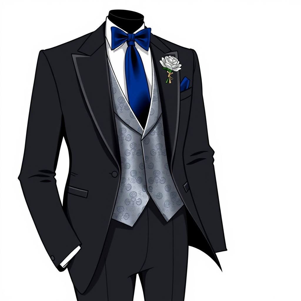 Wedding tuxedo with a long deep sapphire tie and pocket square and a long silver vest
Design an exquisite wedding tuxedo featuring a tailored black jacket with sharp lapels. Complement it with a long deep sapphire tie cascading elegantly, paired with a matching pocket square. Incorporate a luxurious long silver vest beneath, adding sophistication and a hint of shimmer, epitomizing formal elegance for the modern groom.