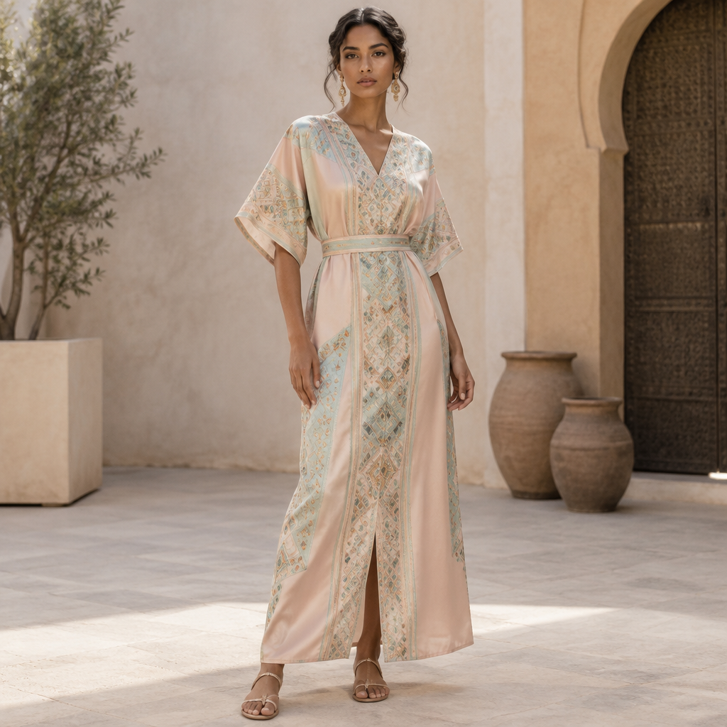 A Female Huipil design, made of Silk, with a crisp, structured drape, with a Fitted silhouette, in a Pastels color palette, for Streetwear, suitable for Summer, suited to a Temperate climate, in Casual style, shown on a model with brown skin and a slim figure. Morocco fashion aesthetics. Present it as professional fashion catalogue photography: the garment is the subject, shown full-length with editorial styling, neutral posing and tasteful, non-suggestive framing.
photorealistic fashion design, A Female Huipil design, made of Silk, with a crisp, structured drape, with a Fitted silhouette, in a Pastels color palette, for Streetwear, suitable for Summer, suited to a Temperate climate, in Casual style, shown on a model with brown skin and a slim figure. Morocco fashion aesthetics. Present it as professional fashion catalogue photography: the garment is the subject, shown full-length with editorial styling, neutral posing and tasteful, non-suggestive framing., casual style, just the design no text