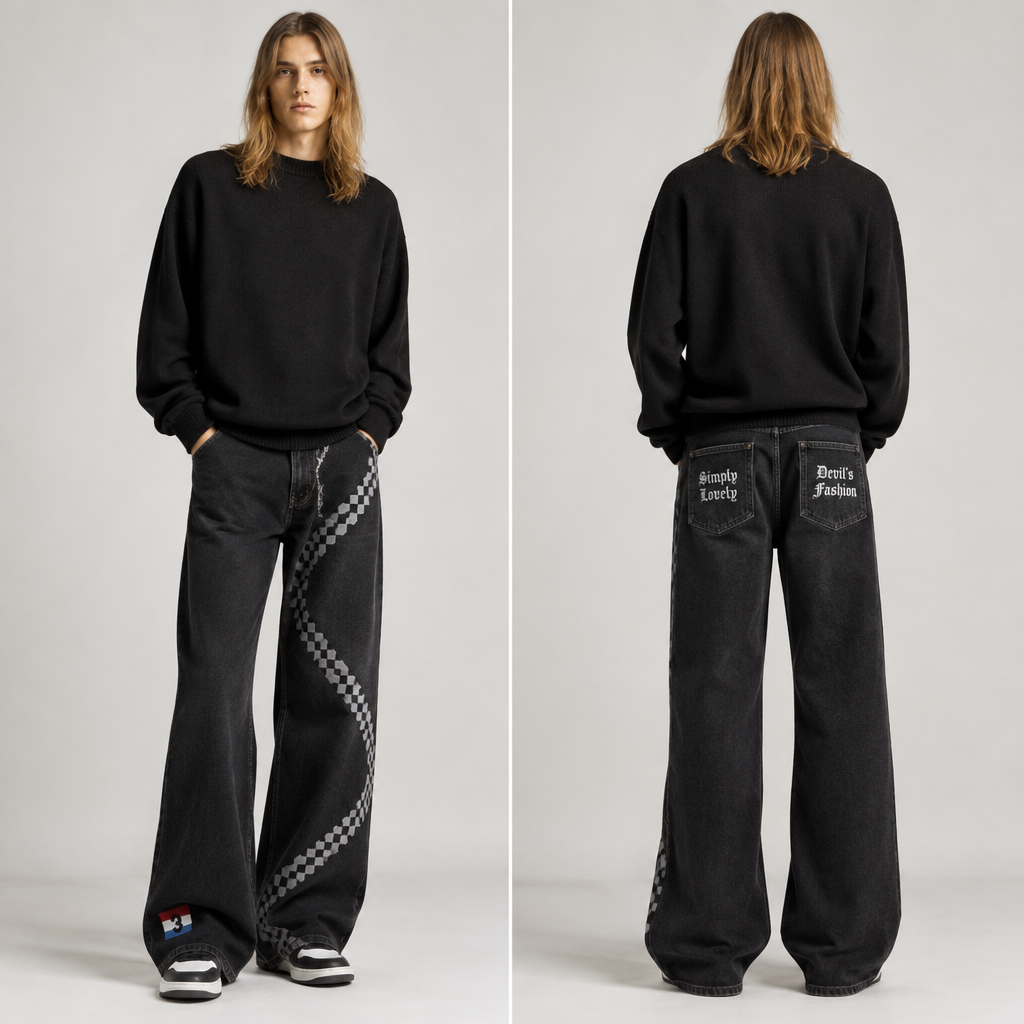 A Unisex Pants design, made of Denim, with a light, flowing drape, with modest, full coverage: longer hemlines, higher necklines and covered shoulders, suitable for Fall, in Streetwear style. It's Black denim Jeans that are slightly wider at the ends of the Pants legs. The left Jean-leg has a Checkered Design curling around the leg in a 3,5 cm thickness. on the other Pant-leg, There Is a small Dutch flag on the bottom og the pant-leg/at the wider part, with the number "3" Over it in Black. On the left back pocket are the words "Simply Lovely" Embroidered and on the right one the words "Devil's Fashion", So the brand name. Germany fashion aesthetics. Present it as professional fashion catalogue photography: the garment is the subject, shown full-length with editorial styling, neutral posing and tasteful, non-suggestive framing.
photorealistic fashion design, A Unisex Pants design, made of Denim, with a light, flowing drape, with modest, full coverage: longer hemlines, higher necklines and covered shoulders, suitable for Fall, in Streetwear style. It's Black denim Jeans that are slightly wider at the ends of the Pants legs. The left Jean-leg has a Checkered Design curling around the leg in a 3,5 cm thickness. on the other Pant-leg, There Is a small Dutch flag on the bottom og the pant-leg/at the wider part, with the number "3" Over it in Black. On the left back pocket are the words "Simply Lovely" Embroidered and on the right one the words "Devil's Fashion", So the brand name. Germany fashion aesthetics. Present it as professional fashion catalogue photography: the garment is the subject, shown full-length with editorial styling, neutral posing and tasteful, non-suggestive framing., streetwear style, just the design no text, show front and back