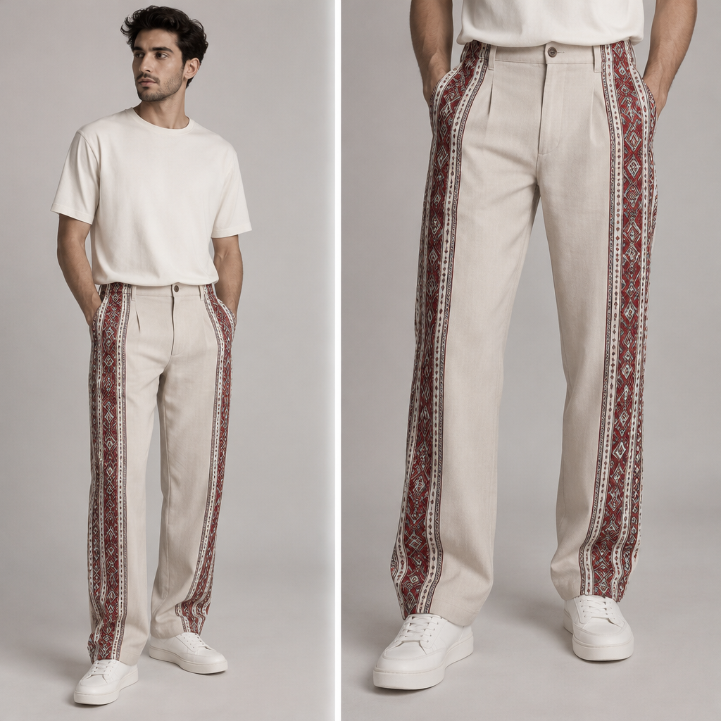 A Male Pants design, in Casual style. اشتي تكون مكان النقشات من الشال اليمني. YE fashion aesthetics. Present it as professional fashion catalogue photography: the garment is the subject, shown full-length with editorial styling, neutral posing and tasteful, non-suggestive framing.
photorealistic fashion design, A Male Pants design, in Casual style. اشتي تكون مكان النقشات من الشال اليمني. YE fashion aesthetics. Present it as professional fashion catalogue photography: the garment is the subject, shown full-length with editorial styling, neutral posing and tasteful, non-suggestive framing., casual style, just the design no text