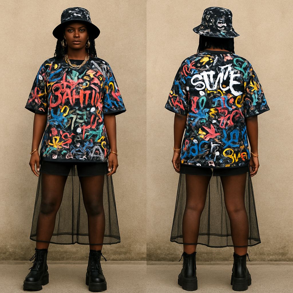 Black woman
Graffiti shirt
Shorts
See through skirt
Platform boots
hat with design
Gold jewelry
Black woman
Graffiti shirt
Shorts
See through skirt
Platform boots
hat with design
Gold jewelry
, streetwear style, show front and back