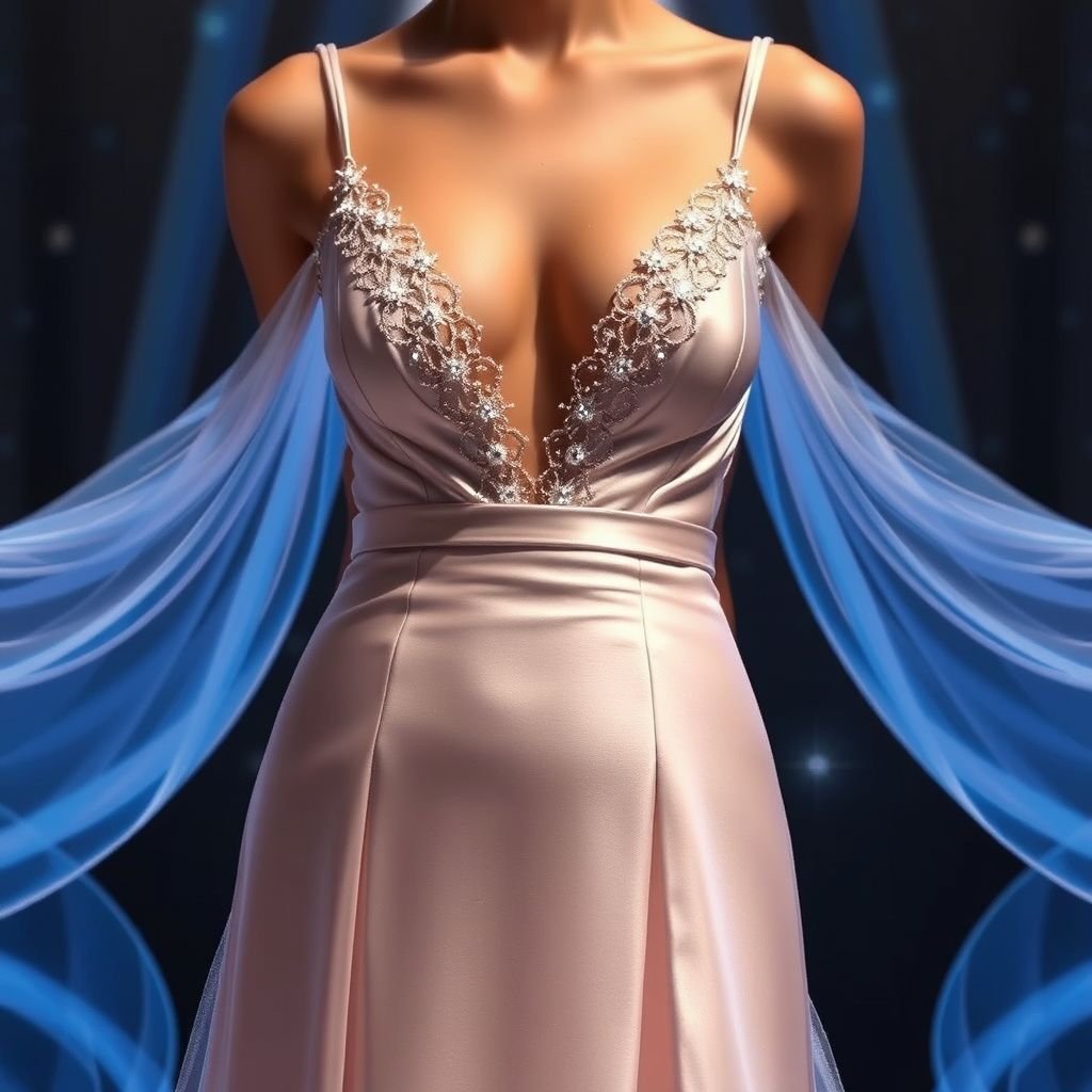 2. Upper Part: • Deep V-shaped neckline starting from the shoulders down to the underbust area. • The neckline is heavily adorned with white crystal embellishments, which are densest at the top and gradually decrease downward. • A thin, sash-like white belt wraps around the waist. 3. Lower Part: • From the waist down, the fabric falls straight, made of very lightly layered and slightly voluminous white tulle or organza. • The volume is minimal, creating a natural and elegant look. • The delicate fabric begins where the crystal embellishments end. 4. Color and Fabric: • The main fabric is white, made of shiny satin or silk. • The crystals or pearls embellishing the neckline and bust are in crystal or pearl tones. • The lower part’s fabric is white, slightly transparent, and has a flowing movement. 5. Details: • The back can be open or feature thin straps. • Sleeves are either absent or very thin straps are preferred. • The crystals used on the neckline and bust area are small and delicate, creating a subtle sparkle without overwhelming the design.
Explore an enchanting evening gown inspired by ethereal elegance. The deep V-neckline, lined with shimmering white crystals, cascades into a form-fitting satin bodice, accentuated by a slender, waist-defining sash. Flowing softly, a whisper of tulle teases the legs beneath, while delicate, thin straps lend a touch of sophistication. Perfect for celestial soirées.