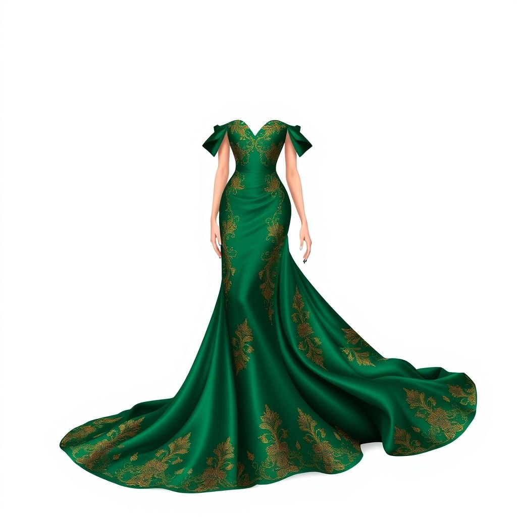 '
Envision an opulent evening gown crafted from cascading layers of satin in deep emerald green, adorned with intricate gold embroidery. The design features a fitted bodice, elegantly off-the-shoulder sleeves, and a dramatic floor-length train. Paired with sophisticated stiletto heels and exquisite diamond accessories, this look epitomizes timeless formal elegance.