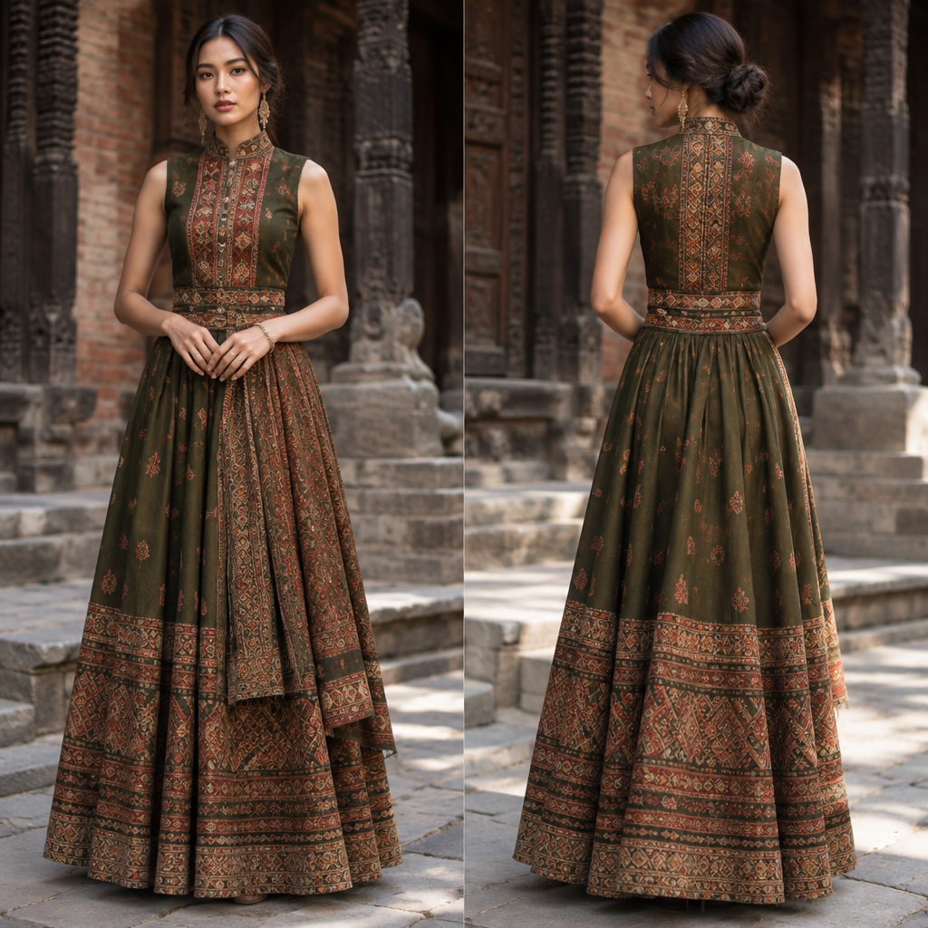 A Female Dress design, suitable for Fall. skirt with fitted sleeveless top. Nepal fashion aesthetics. Present it as professional fashion catalogue photography: the garment is the subject, shown full-length with editorial styling, neutral posing and tasteful, non-suggestive framing.
photorealistic fashion design, A Female Dress design, suitable for Fall. skirt with fitted sleeveless top. Nepal fashion aesthetics. Present it as professional fashion catalogue photography: the garment is the subject, shown full-length with editorial styling, neutral posing and tasteful, non-suggestive framing., just the design no text