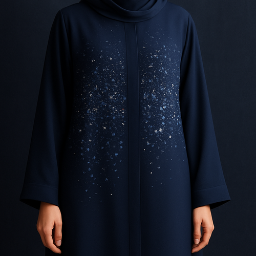 The Sapphire Mist Abaya
Tone: Deep sapphire navy
Design:
A mist-like arrangement of tiny florals blending into stone clusters across the torso.
Embellishment:
Sapphire stones mixed with silver crystals.
Vibe: Elegant, serene, like a luxury night sky.
