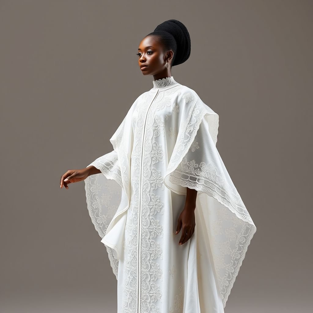 White cotton dry lace with perforated holes Agbada African traditional robe. With white elaborate embroidery
Design a stunning Agbada robe crafted from luxurious white cotton dry lace, featuring intricate perforated holes that allow the skin to breathe. Accentuated with elaborate white embroidery, the robe showcases traditional African motifs infused with a contemporary twist. Flowing sleeves and a dramatic cape overlay envelop the silhouette, blending cultural heritage with modern elegance.