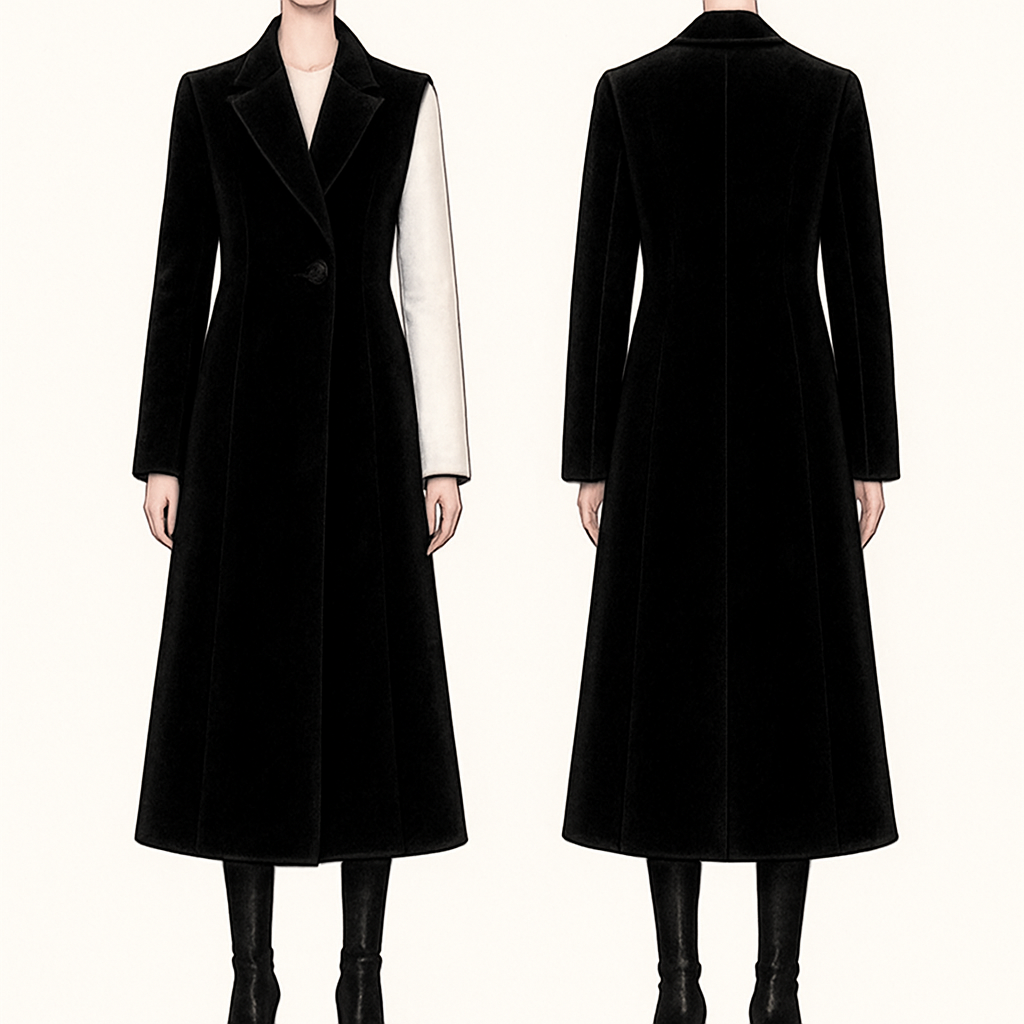 Long coat black velvet and
Make one of the sleeve white
Long coat black velvet and
Make one of the sleeve white , show front and back