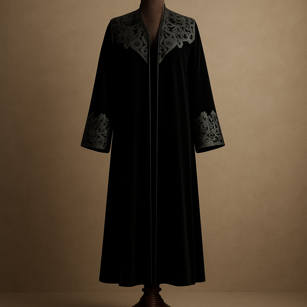
8) Laser-cut leather appliqué  
Photorealistic full-length black velvet ankle-length abaya on a luxurious polished dark-walnut wooden mannequin with carved pedestal, ankle visible; precision laser-cut matte black leather appliqués layered over velvet at shoulders and cuffs, edged with micro crystal studs for contrast. Studio: focused key + rim to show material contrast, muted beige background. (Midjourney: --ar 2:3 --v 5 --q 


8) Laser-cut leather appliqué  
Photorealistic full-length black velvet ankle-length abaya on a luxurious polished dark-walnut wooden mannequin with carved pedestal, ankle visible; precision laser-cut matte black leather appliqués layered over velvet at shoulders and cuffs, edged with micro crystal studs for contrast. Studio: focused key + rim to show material contrast, muted beige background. (Midjourney: --ar 2:3 --v 5 --q 