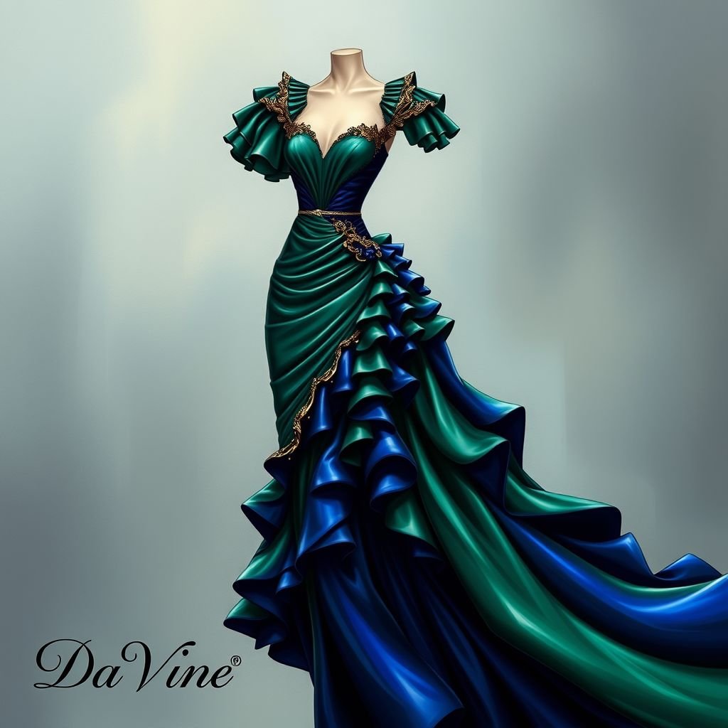 Create me a unique leather dress, something that cruella would make. Add some color to it. Put “Da’Vine” in the bottom left corner
Design a breathtaking leather dress exuding timeless glamour, inspired by Cruella's daring style. Rich emerald green and deep royal blue hues weave through the sleek silhouette, adorned with intricate gold accents and cascading ruffles. Embellish with dramatic shoulder pads and a flowing train. Signature “Da’Vine” elegantly in the bottom left corner.