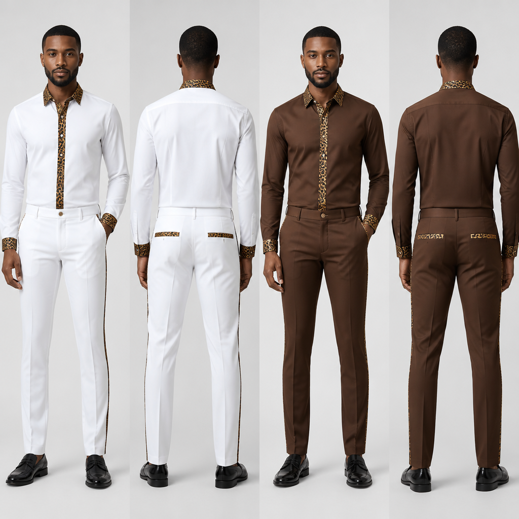 Un ensemble pantalon chemise col paster homme pour serveur restaurant. L’ensemble a un design avec tissu panthère noir et marron sur la chemise et sur la finition du pantalon, Je veux deux design, un vêtement en blanc et l’autre en marron
photorealistic fashion design, Un ensemble pantalon chemise col paster homme pour serveur restaurant. L’ensemble a un design avec tissu panthère noir et marron sur la chemise et sur la finition du pantalon, Je veux deux design, un vêtement en blanc et l’autre en marron , office style, just the design no text, show front and back