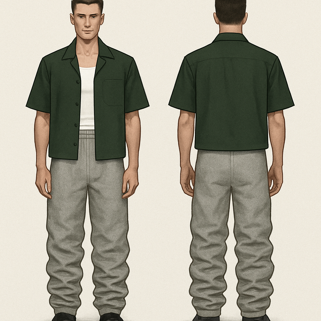 Short fitting Dark green Open boxy button up with wifebeater as undershirt and grey super super stacked sweats
Short fitting Dark green Open boxy button up with wifebeater as undershirt and grey super super stacked sweats, business style, show front and back