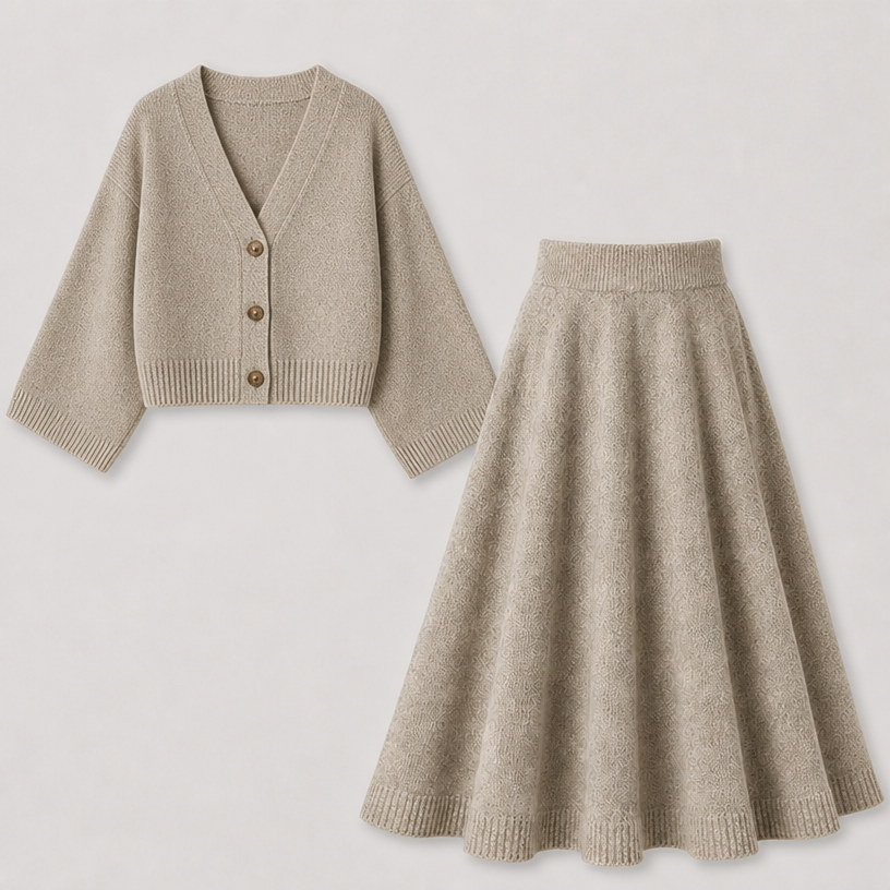 The cardigan has to be short and the sleves not belong but wide cut
edit the attached fashion design with these instructions: The cardigan has to be short and the sleves not belong but wide cut. keep it photorealistic, just the design no text