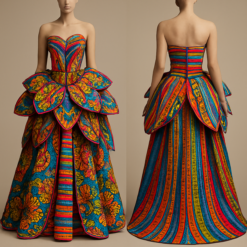 Create a colorful gown that look like a flower made with beautiful Ankara and aso oke stripes
Create a colorful gown that look like a flower made with beautiful Ankara and aso oke stripes , glamorous style, show front and back
