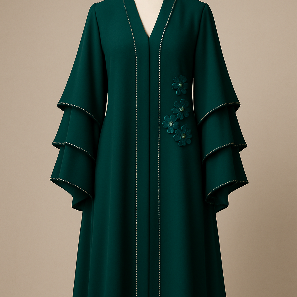 The Luxury Double-Sleeve Abaya
Tone: Deep Emerald
Design:
Layered double-sleeve with stone outlines and a few floral appliqués.
Why it will sell:
Double-sleeve designs trend every year sophisticated and instantly attractive.
The Luxury Double-Sleeve Abaya
Tone: Deep Emerald
Design:
Layered double-sleeve with stone outlines and a few floral appliqués.
Why it will sell:
Double-sleeve designs trend every year sophisticated and instantly attractive.
