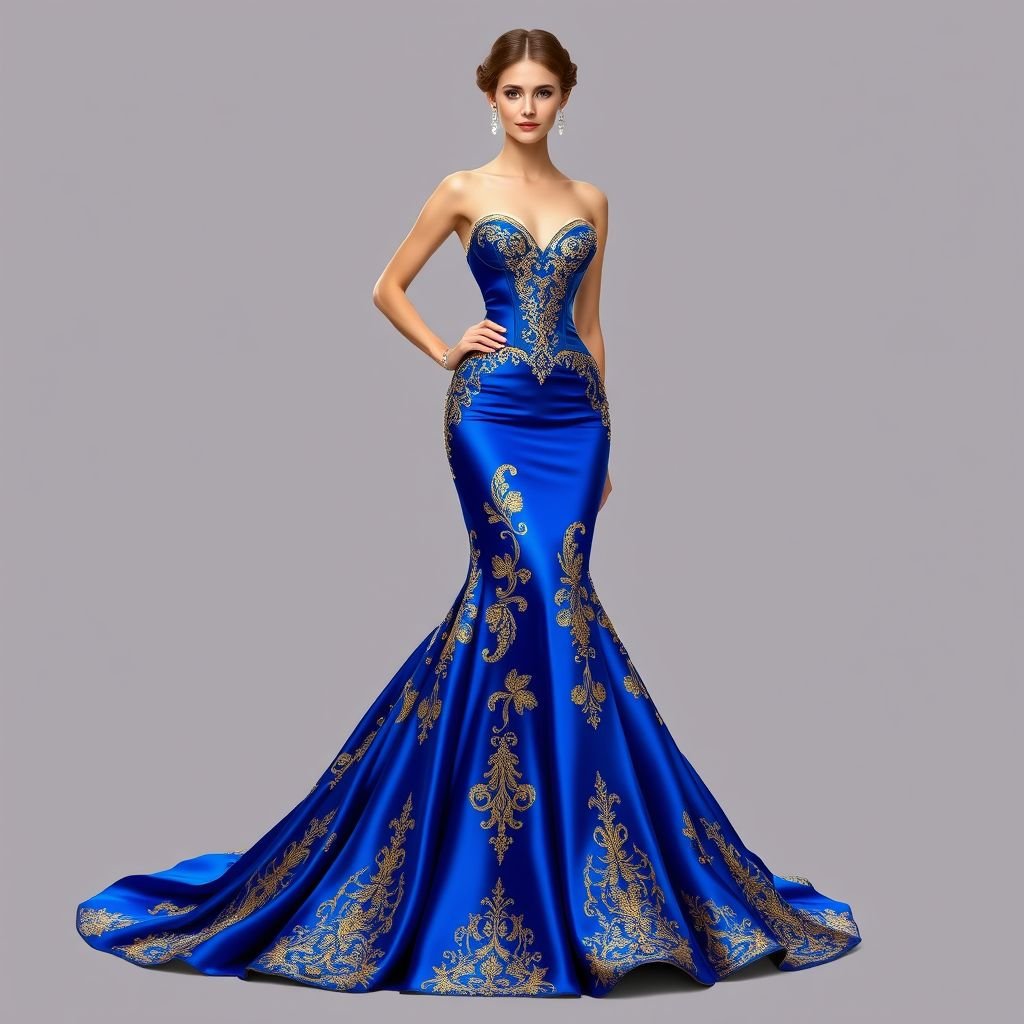 Miss universe evening gown, corsets, sweetheart neckline, royal blue and gold, mermaid silhouette, satin or shimmering
Design an opulent Miss Universe evening gown that embodies luxury. Envision an exquisite corset with a plunging sweetheart neckline, crafted in rich royal blue satin adorned with intricate gold embroidery. The mermaid silhouette flows gracefully, culminating in a lavish train that shimmers, capturing the spotlight with every elegantly poised step.