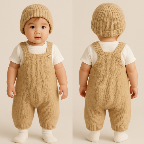 一歳の男の子着用画
ユニセックスの毛糸のオーバーオール
下の服は白
シルエットは丸い感じ
色はベージュ
毛糸の帽子
靴下は白