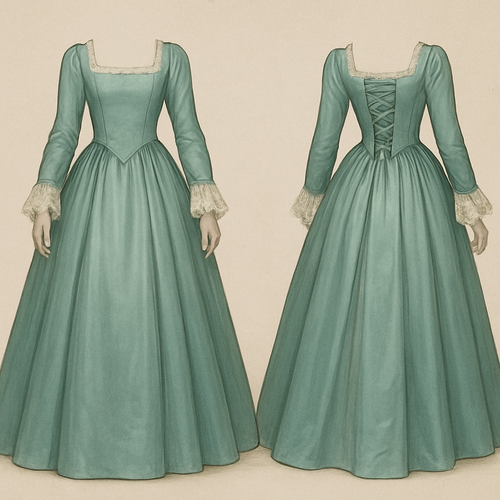 a modern long sleeved light greenish blue dress. flowy white lace flowing at the end of the slevees and a square collar neck. lace outlines the square collar. the dress needs to be ball gown length but satin material. the back is corset but over the dress material. greenish blue for the corset strings. 

