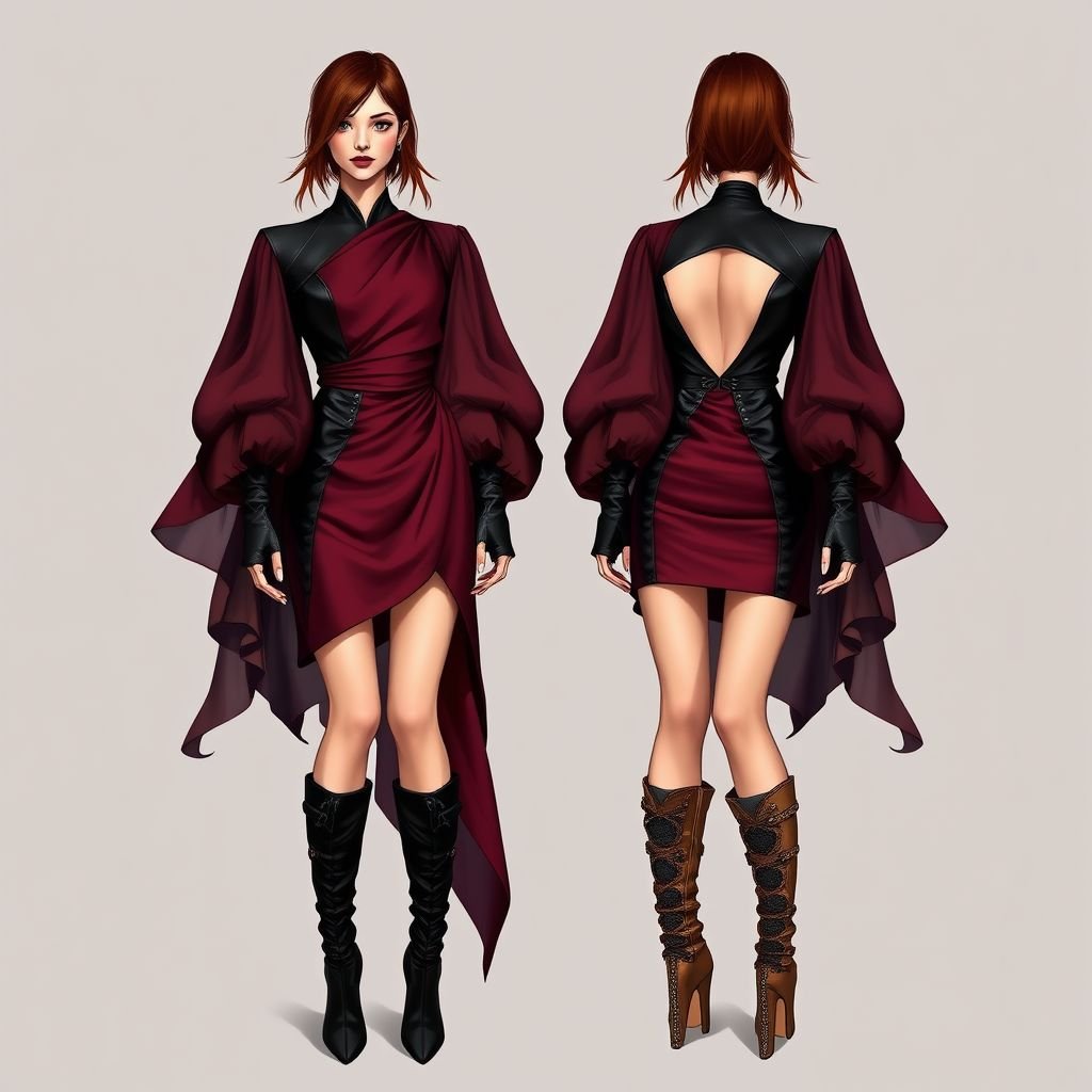 Merlot, black, leather, chiffon, mini, mutton sleeves, knee high boots, colour drawing
Design a striking avant-garde mini dress in rich merlot and deep black. Feature exaggerated mutton sleeves with asymmetrical chiffon draping that cascades dramatically. Incorporate leather panels for an edgy contrast. Pair with bold knee-high boots adorned with unconventional textures. The ensemble should evoke a modern art piece in both silhouette and color.