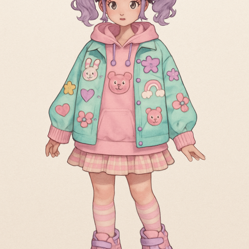 Harajuku-inspired layered ensemble with kawaii patches and platform details