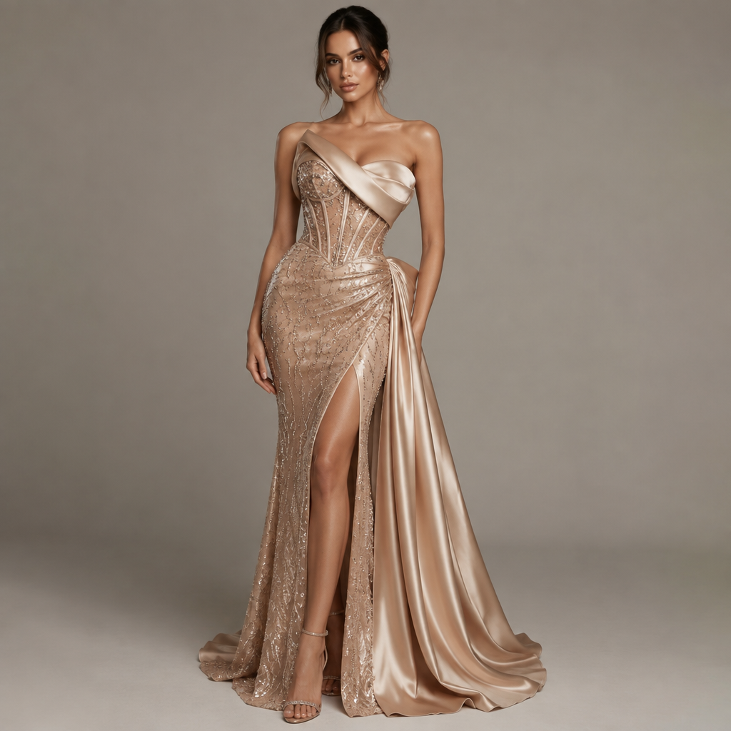Create ONE completely original ultra-luxury evening gown that feels so special, distinctive, and perfectly aligned with my taste that it looks as if it was created only for me.
The dress must have a strong designer identity and look exclusive, unforgettable, elegant, feminine, modern, and high-end.
Very important:
Use only REALISTIC FABRICS that exist in the real fashion world and are globally used in luxury eveningwear. Do NOT invent fantasy fabrics.
Allowed real fabrics include, when suitable:
silk satin, duchess satin, crepe, chiffon, organza, tulle, mikado, velvet, lace, jacquard, beaded tulle, sequined mesh, crystal-embellished fabric, and embroidered couture fabrics.
If I uploaded a fabric image, use my uploaded fabric exactly as it is and preserve its real color, texture, shine, weight, and pattern. Do not replace it or invent another fabric.
Design direction:
- ultra-modern luxury evening gown
- couture-level elegance
- feminine and body-flattering
- visually striking and memorable
- fashion-forward, not basic
- exclusive and unique, not like a common market dress
- sexy in a refined, elegant way
- suitable for a luxury fashion house or red-carpet collection
Create a silhouette that feels special and rare, with beautiful construction and a clear wow factor.
You may explore refined design elements such as:
- sculptural neckline
- elegant off-shoulder or asymmetric cut
- beautifully defined waist
- clean draping in a strategic area
- elegant slit if suitable
- sophisticated open back if suitable
- modern cut-outs only if tasteful
- distinctive couture seam lines
- a dramatic but polished silhouette
Avoid:
- old-fashioned evening gowns
- matronly silhouettes
- bulky ruching
- excessive pleats
- random embellishments
- cheap-looking details
- generic commercial dress shapes
- costume-like fantasy design
The final result should look like a one-of-a-kind luxury evening gown that people would immediately admire because of its beauty, originality, elegance, and designer quality.
The dress must be realistically sewable by a professional tailor using real-world luxury fabrics.
Show the full dress from head to toe on a fashion model against a clean neutral background.
photorealistic fashion design, Create ONE completely original ultra-luxury evening gown that feels so special, distinctive, and perfectly aligned with my taste that it looks as if it was created only for me.
The dress must have a strong designer identity and look exclusive, unforgettable, elegant, feminine, modern, and high-end.
Very important:
Use only REALISTIC FABRICS that exist in the real fashion world and are globally used in luxury eveningwear. Do NOT invent fantasy fabrics.
Allowed real fabrics include, when suitable:
silk satin, duchess satin, crepe, chiffon, organza, tulle, mikado, velvet, lace, jacquard, beaded tulle, sequined mesh, crystal-embellished fabric, and embroidered couture fabrics.
If I uploaded a fabric image, use my uploaded fabric exactly as it is and preserve its real color, texture, shine, weight, and pattern. Do not replace it or invent another fabric.
Design direction:
- ultra-modern luxury evening gown
- couture-level elegance
- feminine and body-flattering
- visually striking and memorable
- fashion-forward, not basic
- exclusive and unique, not like a common market dress
- sexy in a refined, elegant way
- suitable for a luxury fashion house or red-carpet collection
Create a silhouette that feels special and rare, with beautiful construction and a clear wow factor.
You may explore refined design elements such as:
- sculptural neckline
- elegant off-shoulder or asymmetric cut
- beautifully defined waist
- clean draping in a strategic area
- elegant slit if suitable
- sophisticated open back if suitable
- modern cut-outs only if tasteful
- distinctive couture seam lines
- a dramatic but polished silhouette
Avoid:
- old-fashioned evening gowns
- matronly silhouettes
- bulky ruching
- excessive pleats
- random embellishments
- cheap-looking details
- generic commercial dress shapes
- costume-like fantasy design
The final result should look like a one-of-a-kind luxury evening gown that people would immediately admire because of its beauty, originality, elegance, and designer quality.
The dress must be realistically sewable by a professional tailor using real-world luxury fabrics.
Show the full dress from head to toe on a fashion model against a clean neutral background., just the design no text