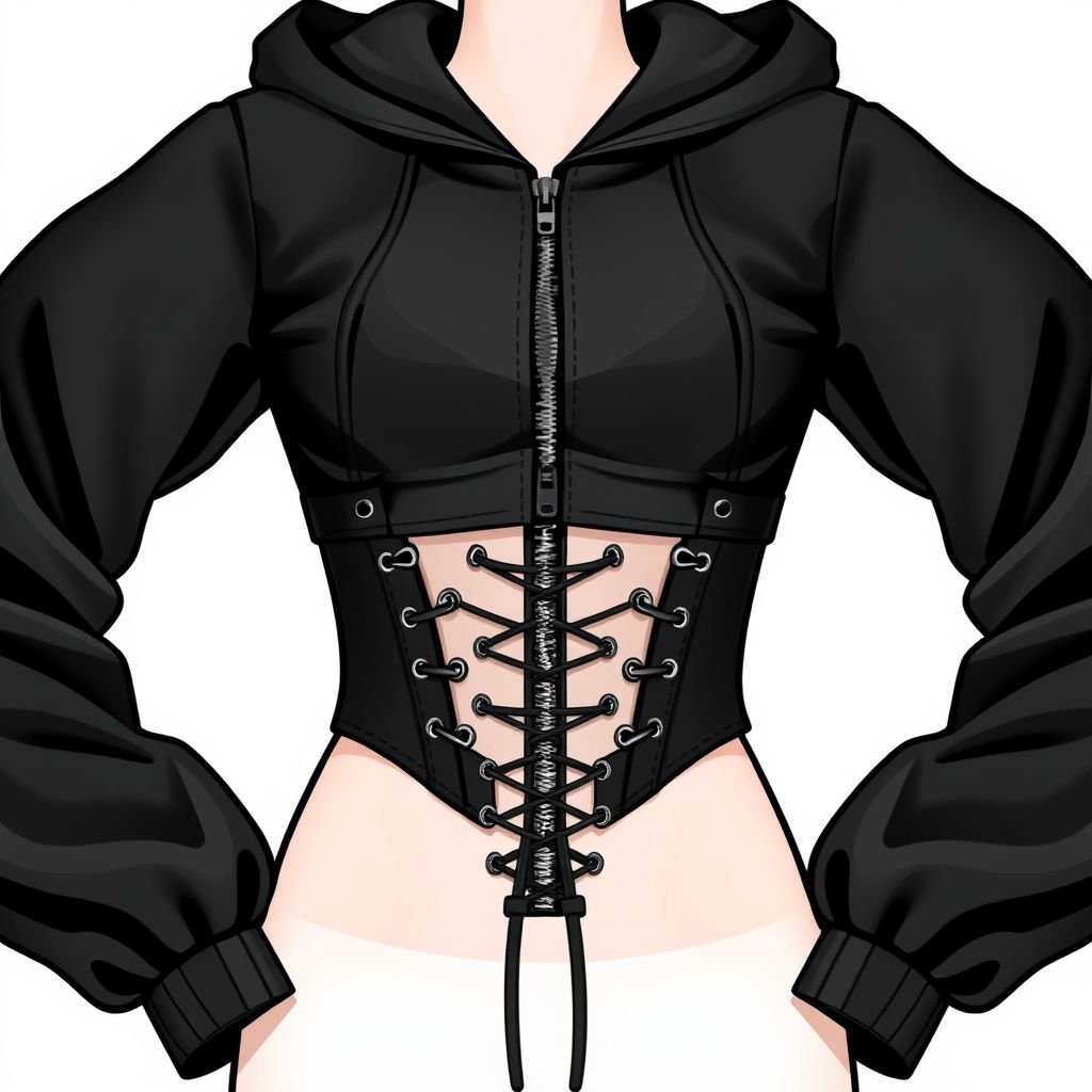 Corset style zip up cropped hoodie
Design a captivating corset-style zip-up cropped hoodie, blending streetwear with high fashion. Crafted from sleek black vegan leather, it features intricate lace-up details along the sides and a bold, asymmetrical zipper. The structured bodice enhances the waist, while oversized, balloon sleeves create a playful contrast—perfect for an edgy, urban look.