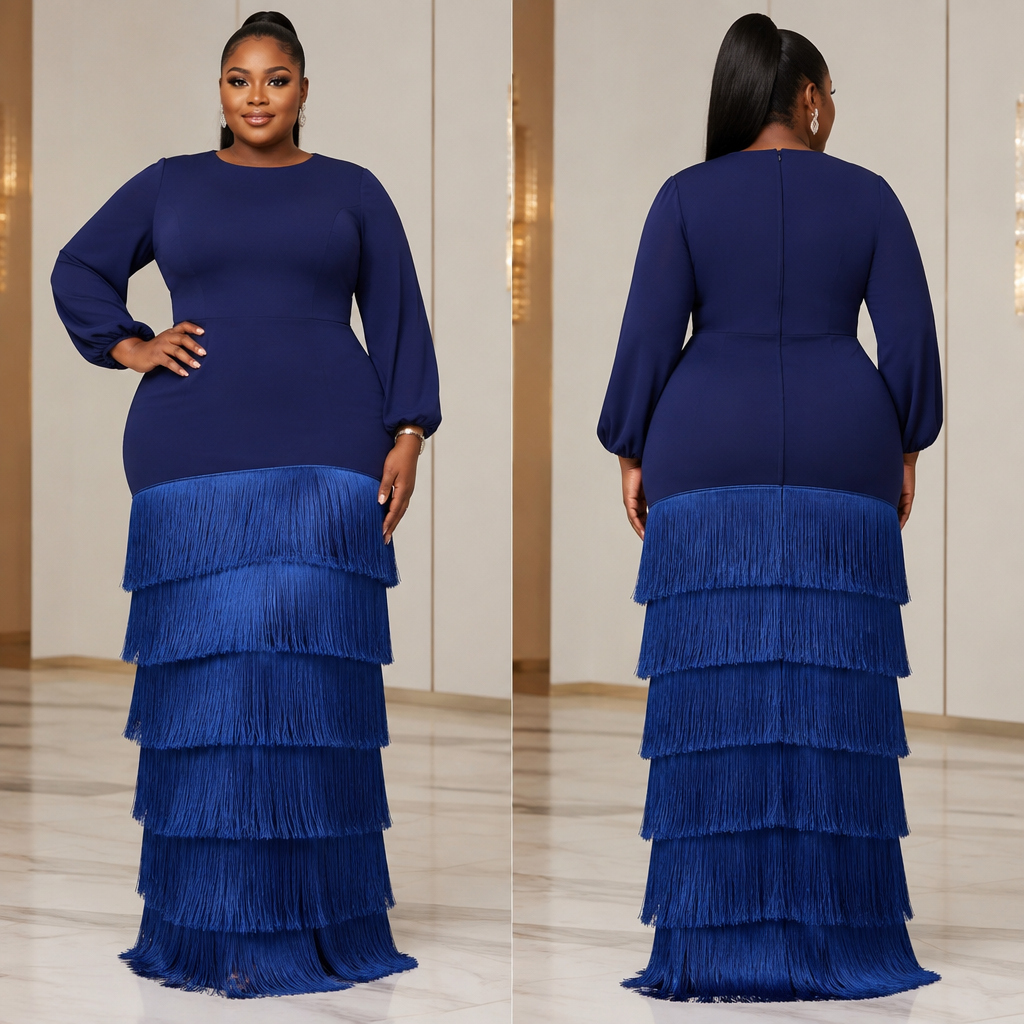 A Female Dress design, made of Chiffon, with a soft, cosy hand, with a Bodycon silhouette, in a Monochrome color palette, for Formal, in Formal style, shown on a model with deep skin tone and a plus-size figure. okay I need a long gown whereby they have length will be plain where and the other part from the half-length downwards will be Fring layard like 8 steps of fringes.
the half length will be a plain color like blue while the fringes will be another shade of blue. Nigeria fashion aesthetics. Present it as professional fashion catalogue photography: the garment is the subject, shown full-length with editorial styling, neutral posing and tasteful, non-suggestive framing.
photorealistic fashion design, A Female Dress design, made of Chiffon, with a soft, cosy hand, with a Bodycon silhouette, in a Monochrome color palette, for Formal, in Formal style, shown on a model with deep skin tone and a plus-size figure. okay I need a long gown whereby they have length will be plain where and the other part from the half-length downwards will be Fring layard like 8 steps of fringes.
the half length will be a plain color like blue while the fringes will be another shade of blue. Nigeria fashion aesthetics. Present it as professional fashion catalogue photography: the garment is the subject, shown full-length with editorial styling, neutral posing and tasteful, non-suggestive framing., formal style, just the design no text, show front and back