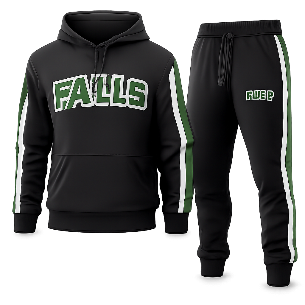 sports team warm ups hoodie and joggers all black with a green “FALLS” logo
sports team warm ups hoodie and joggers all black with a green “FALLS” logo