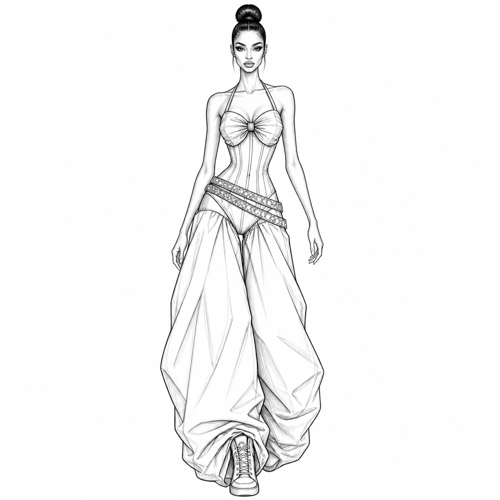 A Female fashion design. FASHION DESIGN NOTE
Female fashion croquis in a runway walking pose with an exaggerated hourglass silhouette, tiny waist, long legs, and a sleek high bun hairstyle.
TOP:
A fitted halter-neck corset top. Two thin straps rise from the outer bust and connect behind the neck. The bust is formed by a large symmetrical bow made from gathered fabric. The bow has a tight center knot with visible pleating radiating outward on both sides. The neckline creates a soft sweetheart shape. The bodice is skin-tight and heavily waist-cinching, ending just above the hips.
WAIST DETAIL:
Three separate crystal-studded belts wrap diagonally around the low hip area. The belts overlap each other, creating an asymmetrical layered sash effect. Each belt is fully covered in small rhinestone embellishments.
BOTTOM:
The base is a high-cut fitted bodysuit. Attached beneath the crystal hip belts are extremely oversized baggy trousers. The legs are very wide, dramatic, and voluminous, creating a baggy pant vibes. it starts from the high waist
FOOTWEAR:
High-top lace-up sneakers with a rounded toe and slightly chunky sole. The sneakers are visible beneath the open-front trousers.
AESTHETIC:
Luxury streetwear, Y2K glamour, runway couture, feminine but edgy, rebellious baddie fashion, sporty-meets-glamorous styling. Clean fashion illustration, black line art, professional fashion sketch, white background, minimal shading, highly detailed garment construction.
IMPORTANT:
Keep the bow exactly centered on the bust, keep the three rhinestone belts overlapping diagonally on the hips, keep the trousers extremely baggy and floor-length, and keep the high-top sneakers visible. Maintain the exact proportions and silhouette of a professional fashion croquis.. Nigeria fashion aesthetics. Design with modest coverage.
photorealistic fashion design, A Female fashion design. FASHION DESIGN NOTE
Female fashion croquis in a runway walking pose with an exaggerated hourglass silhouette, tiny waist, long legs, and a sleek high bun hairstyle.
TOP:
A fitted halter-neck corset top. Two thin straps rise from the outer bust and connect behind the neck. The bust is formed by a large symmetrical bow made from gathered fabric. The bow has a tight center knot with visible pleating radiating outward on both sides. The neckline creates a soft sweetheart shape. The bodice is skin-tight and heavily waist-cinching, ending just above the hips.
WAIST DETAIL:
Three separate crystal-studded belts wrap diagonally around the low hip area. The belts overlap each other, creating an asymmetrical layered sash effect. Each belt is fully covered in small rhinestone embellishments.
BOTTOM:
The base is a high-cut fitted bodysuit. Attached beneath the crystal hip belts are extremely oversized baggy trousers. The legs are very wide, dramatic, and voluminous, creating a baggy pant vibes. it starts from the high waist
FOOTWEAR:
High-top lace-up sneakers with a rounded toe and slightly chunky sole. The sneakers are visible beneath the open-front trousers.
AESTHETIC:
Luxury streetwear, Y2K glamour, runway couture, feminine but edgy, rebellious baddie fashion, sporty-meets-glamorous styling. Clean fashion illustration, black line art, professional fashion sketch, white background, minimal shading, highly detailed garment construction.
IMPORTANT:
Keep the bow exactly centered on the bust, keep the three rhinestone belts overlapping diagonally on the hips, keep the trousers extremely baggy and floor-length, and keep the high-top sneakers visible. Maintain the exact proportions and silhouette of a professional fashion croquis.. Nigeria fashion aesthetics. Design with modest coverage., just the design no text