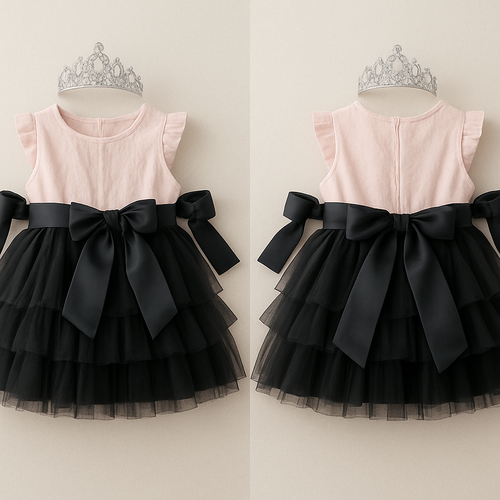 1歳の女の子のベビードレス
黒のチュールドレス、膝丈のラッフルスカート（ボリューミー）
上半身は薄ピンクでノースリーブ、シワシワな感じ
切り返し上の薄ピンクの部分に黒のサテン生地の太めのリボンを一周巻いて、真ん中ではなく、左前あたりで大きくリボン縛り、リボンは長め
リボンと同じ色、生地で、両腕にローブ
頭には派手すぎないシルバーのティアラ
