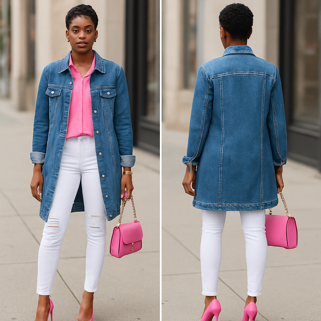 Black woman
Pixie
Pink blouse with collar
White fitted ripped jeans pink heels
Long blue jean jacket
Gold jewelry
Pink purse
Pink heels
Black woman
Pixie
Pink blouse with collar
White fitted ripped jeans pink heels
Long blue jean jacket
Gold jewelry
Pink purse
Pink heels
, streetwear style, show front and back