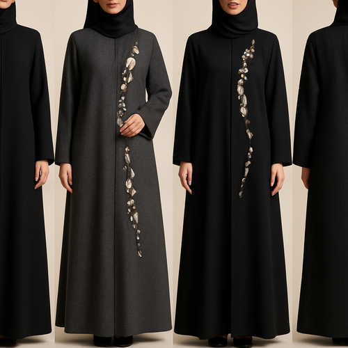 Create a modest abaya that's the first of its kind, featuring a unique stone design that exudes a classy and sophisticated vibe. I'd like four designs, each showcasing different styles and fabrics.
Incorporate high-end, unique chic stone designs to make them truly special. Add little sophisticated stone design.