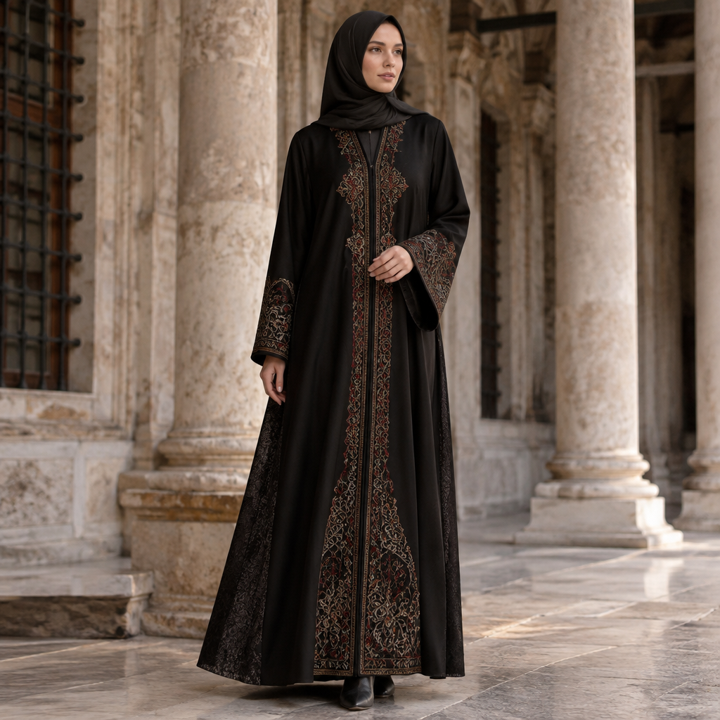 A Abaya design. Consider Turkish fashion — Ottoman-inspired, modest fashion hub, rich textiles, East-meets-West aesthetics. Current season is Autumn in Turkey. Present it as professional fashion catalogue photography: the garment is the subject, shown full-length with editorial styling, neutral posing and tasteful, non-suggestive framing.
photorealistic fashion design, A Abaya design. Consider Turkish fashion — Ottoman-inspired, modest fashion hub, rich textiles, East-meets-West aesthetics. Current season is Autumn in Turkey. Present it as professional fashion catalogue photography: the garment is the subject, shown full-length with editorial styling, neutral posing and tasteful, non-suggestive framing., just the design no text