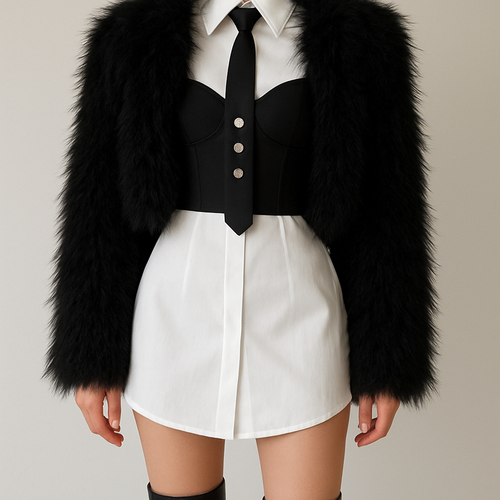 Can you do a white fitted shirt dress with a large collar, with a black slightly crop corset top with thin straps over it, and a black tie with knee high boots
Longer corset with cup details and the shirt dress slightly shorter coming down in a slight v shape at the front and three big jewels going down vertically on the tie
Remove lines on shirt and hide buttons
Shirt slightly shorter
Can you put a crop black furry faux jacket over it
Jacket more fluffy and boxy
Perfect just jacket more fluffy longer fluff hairs