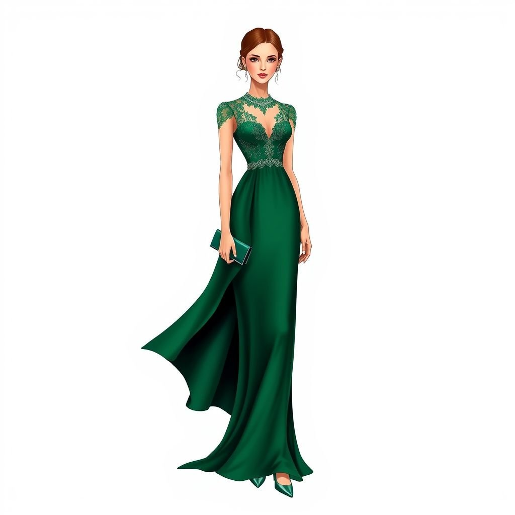 846235
Design an exquisite evening gown characterized by a flowing silhouette, crafted from luxurious silk in deep emerald green. Features intricate lace overlay and delicate crystal embellishments, accentuating the waist. Pair with elegant stiletto heels and a matching clutch, creating a timeless look that exudes sophistication and grace for any upscale event.