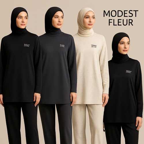 Create a revolutionary women's modest loose gym wear brand called "Modest Fleur". Display the brand name on the in a unique design on the upper right side, in small thick writing that exudes a classy and sophisticated vibe. I'd like four designs, each showcasing different styles and fabrics, with high-end, chic designs to make them truly special. Making it first design in the world 